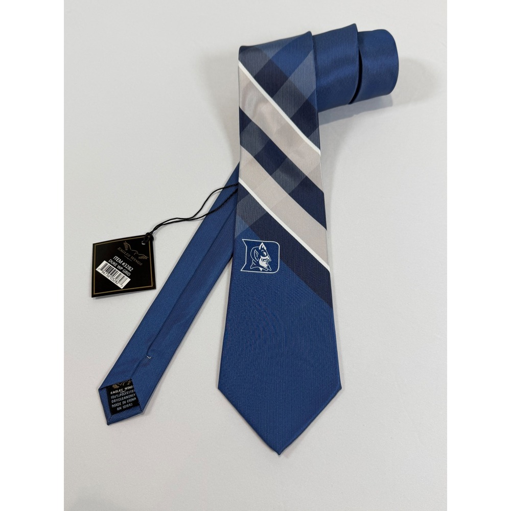 Eagles Wings Duke Blue Devils Mens Plaid Stripe Necktie Blue NCAA Item 3282 NWT